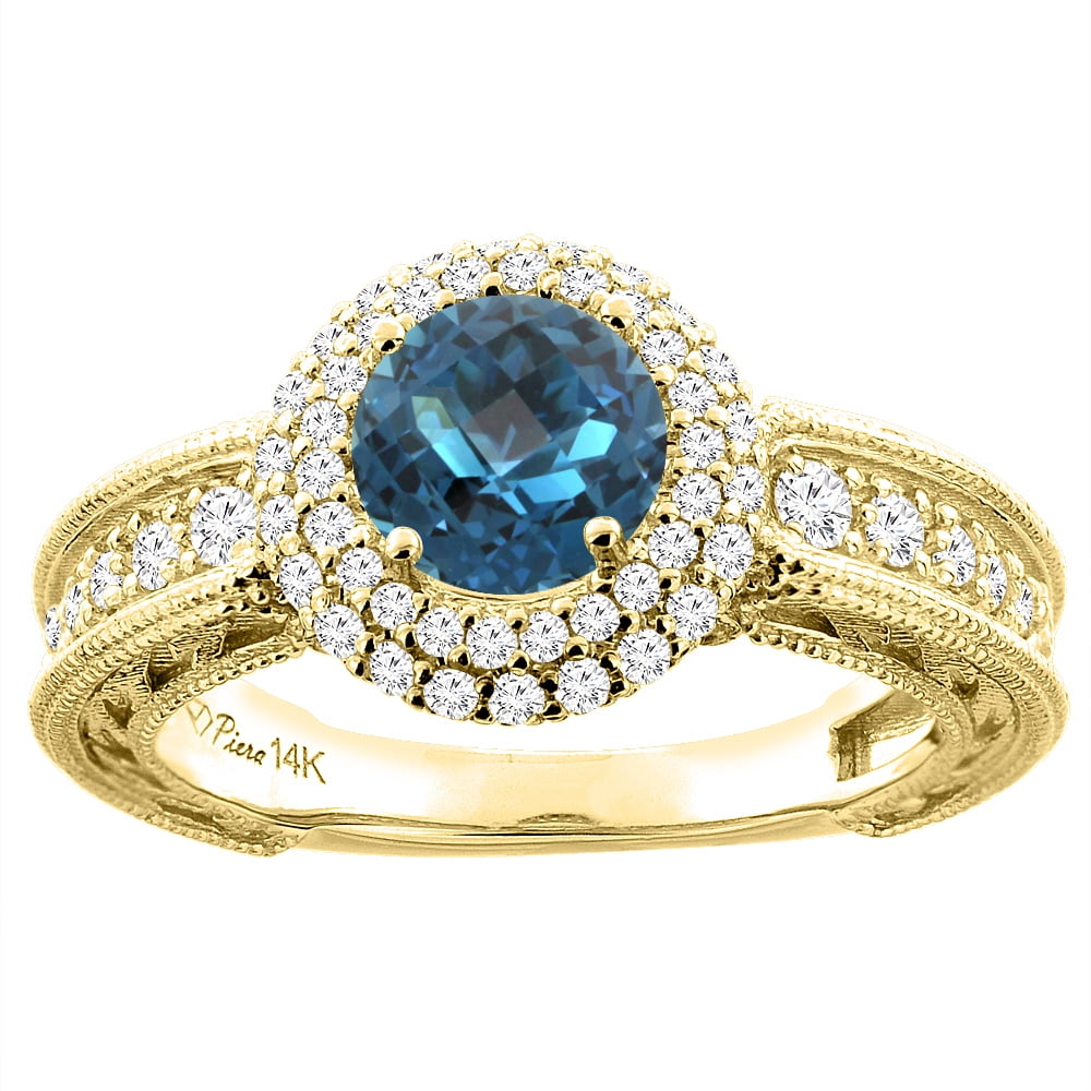 14K Yellow Gold Natural London Blue Topaz & Diamond Halo Ring Round 6 mm, size 5 by Gabriella Gold