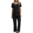 thumbnail image 1 of ZAXARRA Femmes 2 Pièces Pyjama Ensemble Manches Courtes Col Rond Tops Élastiques Pantalons Longs Ensembles de Vêtements de Nuit, 1 of 5