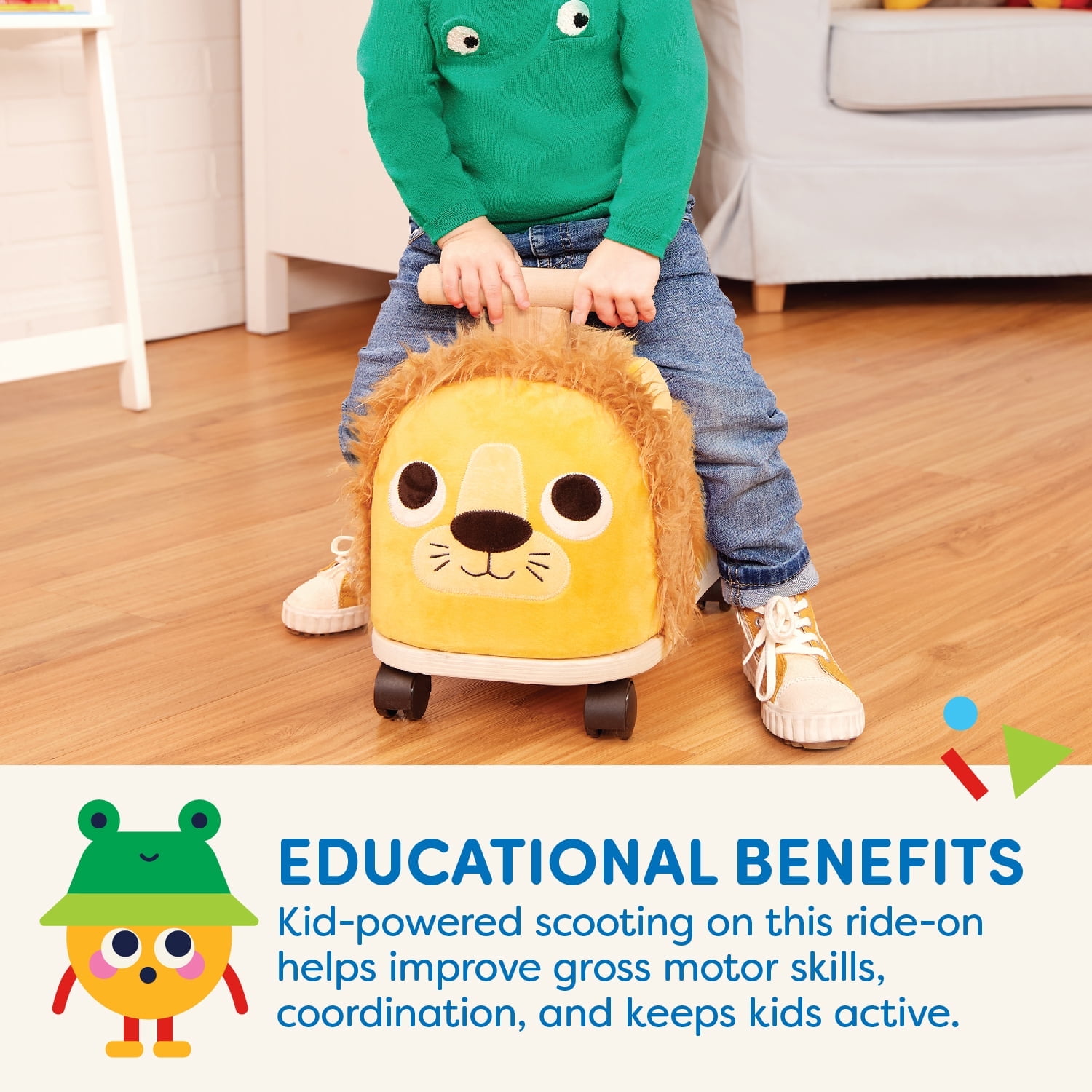 Battat Rollin' Lion Animal Ride-On Toy with Wooden Handle, Toddler and Preschool Toys