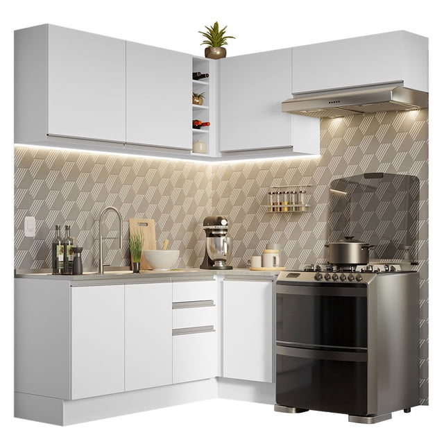 Cocina Integral Completa Esquinera 349cm Blanco Glamy Madesa