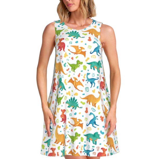 Fotbe Dinosaur Vestido de Verano sin Mangas para Mujer – Vestido Midi Línea A, Estilo Camiseta Floral, Vestido Playero Casual y Fluido