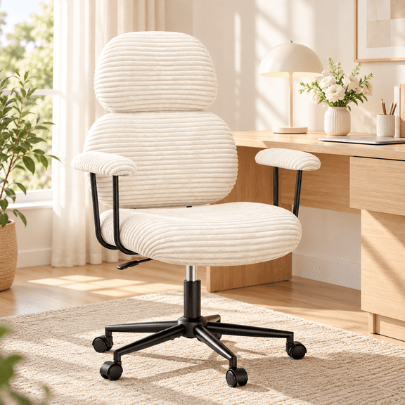Pinmoco Ergonomic Office Chair, Corduroy Swivel Desk Chair with Armrest, Height Adjustable Task Computer Chair for WFH Home Office, Beige