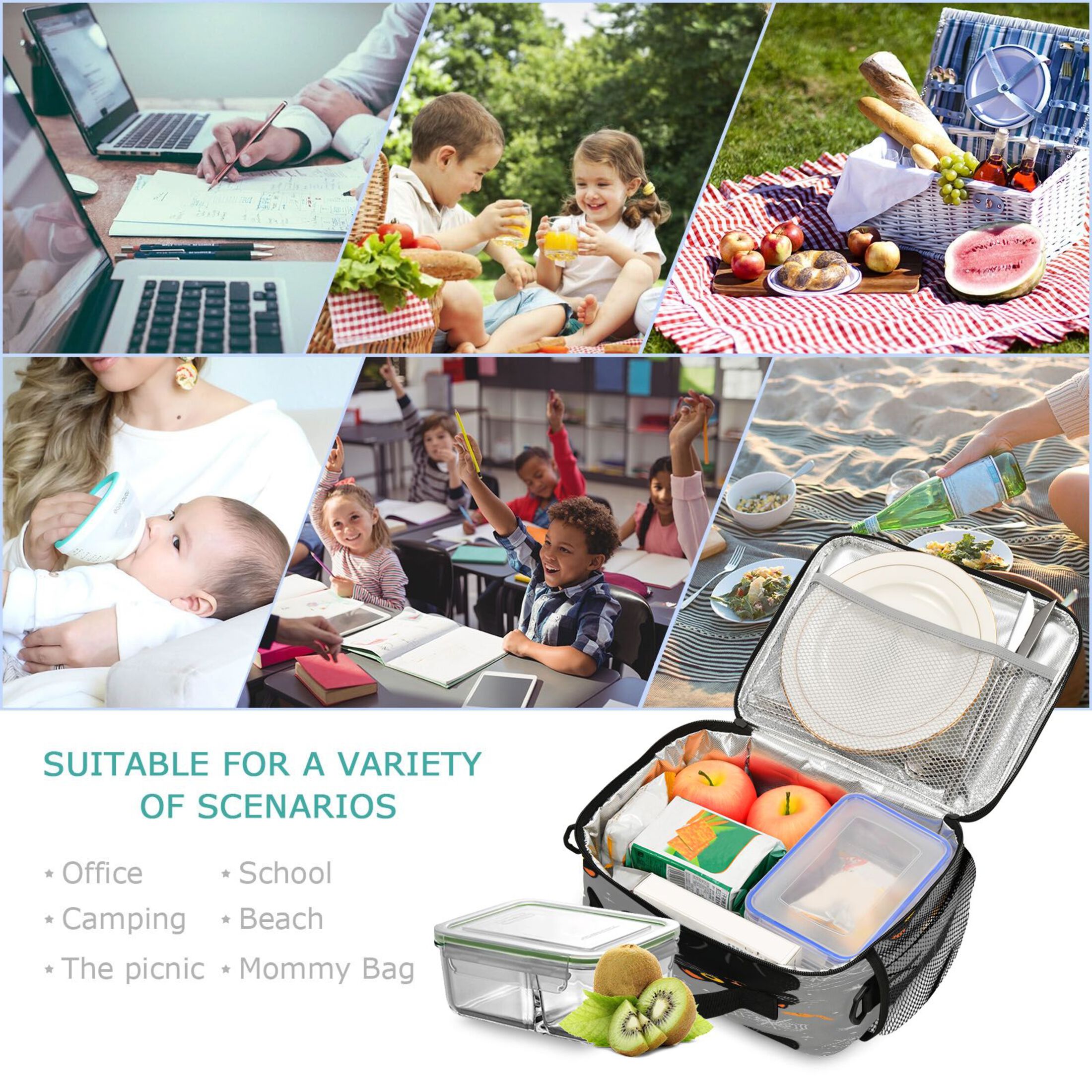 Insulated Lunch Bag 6L Leak-Proof Lunch Box with Shoulder Strap Multiple Pockets Lunch Tote Black Cat and Spider Web