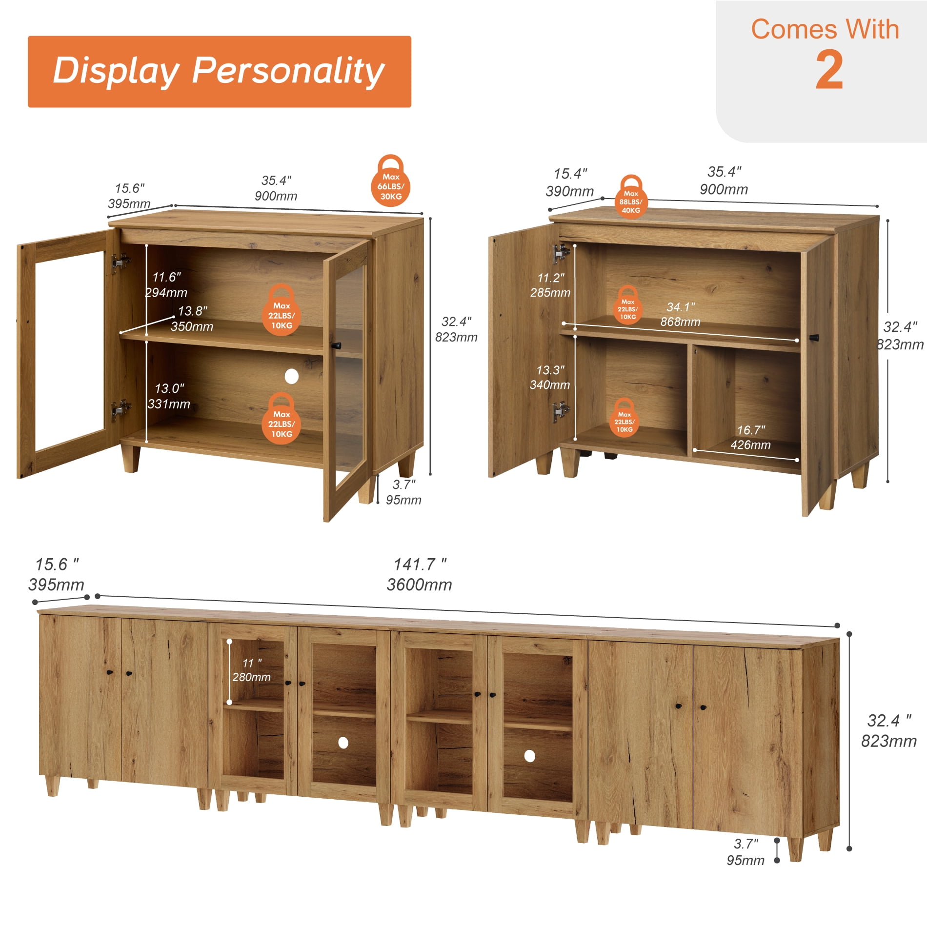 Modular Buffet Cabinet Sideboard With Glass and Wood Doors, Adjustable Shelves and Cable Management For Kitchen Dining Room, 142" W, Brown Wood