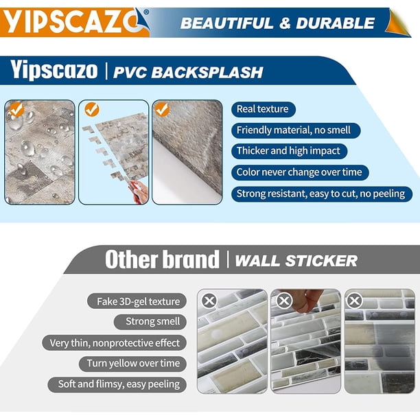 Yipscazo Peel & Stick Stone Metal Tile Backsplash – 10 Sheets, 12"x12", For Kitchen, Bathroom, Camper, Fireplace