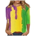 thumbnail image 3 of Feancey Holiday Gifts Mardi Gras Shirts for Womens 3/4 Sleeve Casual Crewneck Tunic Tops Dressy Trendy Mask Print Loose T-Shirt Three Quarter Length Blouse Parade Pullover Purple M, 3 of 6
