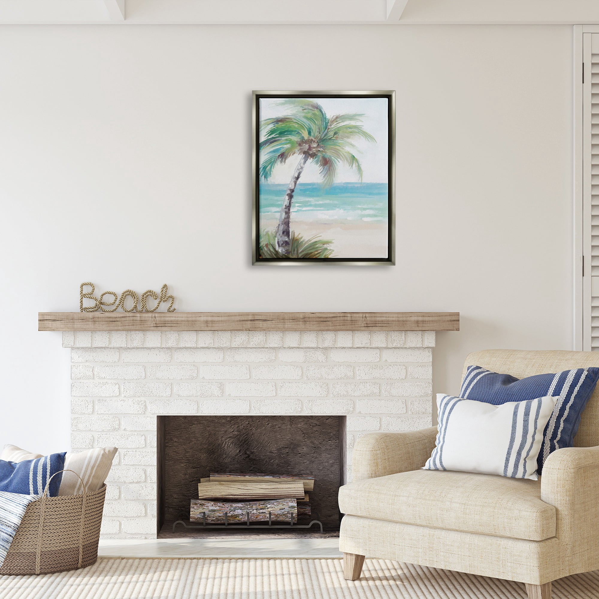 Stupell Industries Soft Palm Tree on Beach Landscape Painting Gray Floater Framed Canvas Art Print Wall Art, 25 x 31