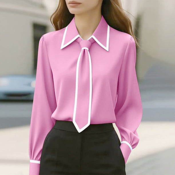 TaTaai Lapel Tie Solid Top Soft Comfortable Women's Casual Long Sleeve Fashion All Season Daily Party Work Versatile Shirt Gift