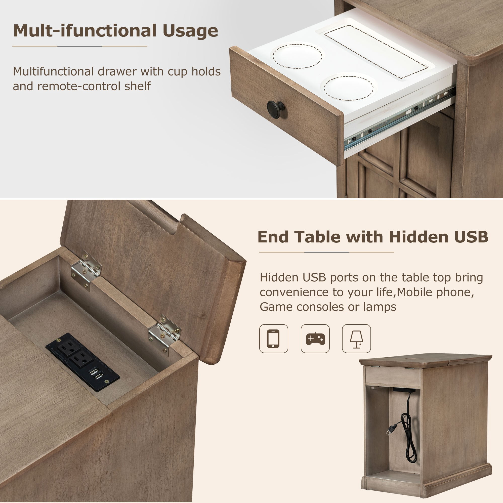 Aukfa Vintage End Table with USB Ports, Drawer, and Cup Holders - Narrow Sofa Side Table for Living Room and Bedroom - Antique Brown