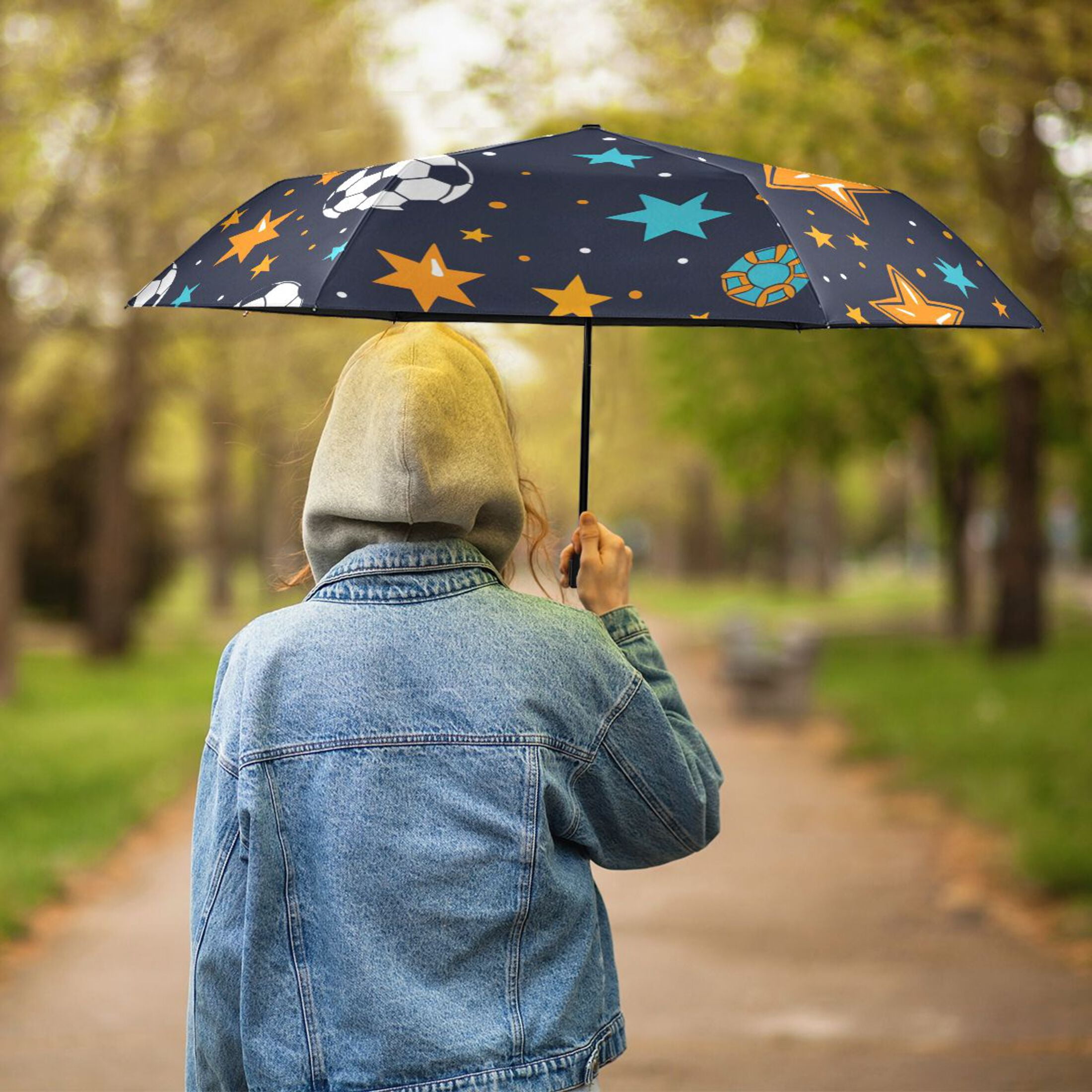 ALAZA Football and Star UPF 50+ Compact Folding Umbrella for Rain Travel Umbrella Packable