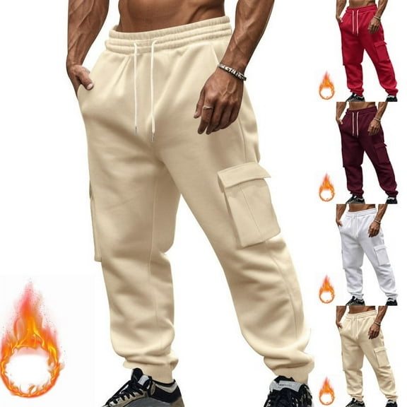 Yaltungu Winter Pants for Men Cargo Sweatpants Elastic Waist Drawstring Loose Comfy Warm Casual Pants