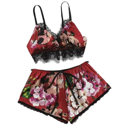 

Women Floral Print Pajamas Set Sexy 2pcs Eyelash Lace Trim Camis Top Bralette and Shorts Sleepwear Lingerie Nightwear