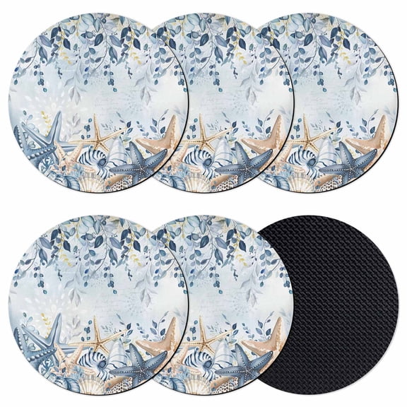 Blue Eucalyptus Coastal Coasters Set of 6, Absorbent Coasters for Drinks, Beach Starfish Shell Nautical Ombre Coaster for Desk Coffee Table Protection, Home Decor House Warming Gifts 4"