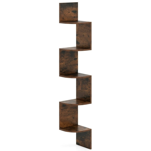 Costway 1 PCS 5-Tier Floating Bookshelf with Safe Round Edge Space-Saving Plant Display Shelf Brown