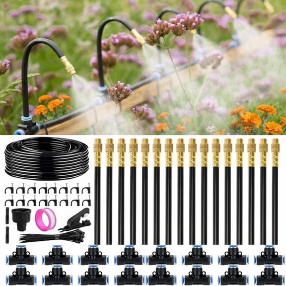 urorentea 360° Adjustable Drip Irrigation System, 49FT 1/4" Drip Irrigation Hose, Garden Watering Atomizing System with 16 Bendable Copper Nozzles for Lawn Courtyard, Greenhouse