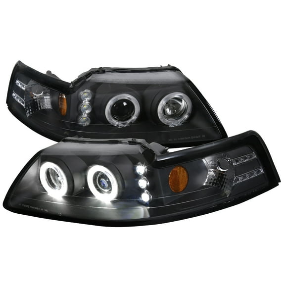 Dual Halo V2 Projector Headlights (Black Housing/Clear Lens) Made for and Compatible with 1999-2004 Ford Mustang