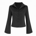 thumbnail image 4 of Towmus Women's Striped Button Down Shirts Flare Sleeve Slim Fit Blouses V Neck Collared Y2k Crop Tops Streetwear, 4 of 6