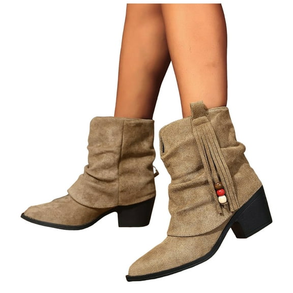 Fold Over Western Boots for Women Wide Calf Suede Tassel Chunky Heel Pointed Toe Pull on Ankle Boots