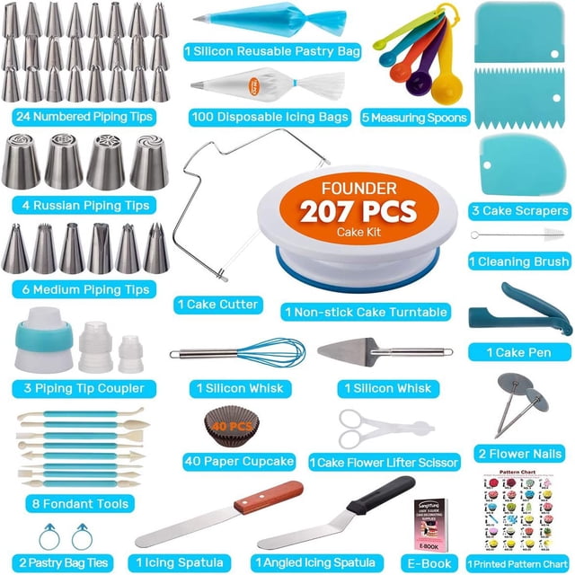 Kit de 207 piezas de suministros para decoración de pasteles para principiantes, plato giratorio para pasteles, más de 100 mangas pasteleras, boquillas rusas para decoración de pasteles, espátula
