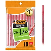 BIC Round Stic Xtra Life Ballpoint Pen, Medium Point (1.0mm), Red, 10 Count
