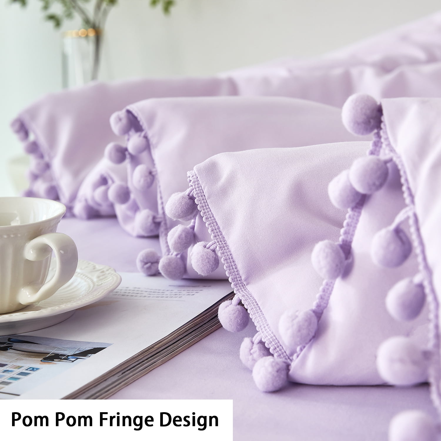 RYNGHIPY Lavender Twin Size Comforter Set for Girls Women 3 Pcs Purple Pom Ball Boho Bedding Set with Pillowcases 100% Microfiber Lightweight Breathable Quilt Set (Lavender, Twin)