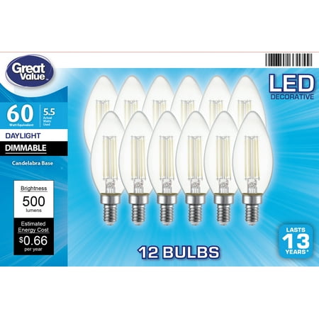 Great Value LED Light Bulb, 5.5W (60W Equivalent) B10 Deco Lamp E12 Candelabra Base, Dimmable, Daylight, 12-Pack