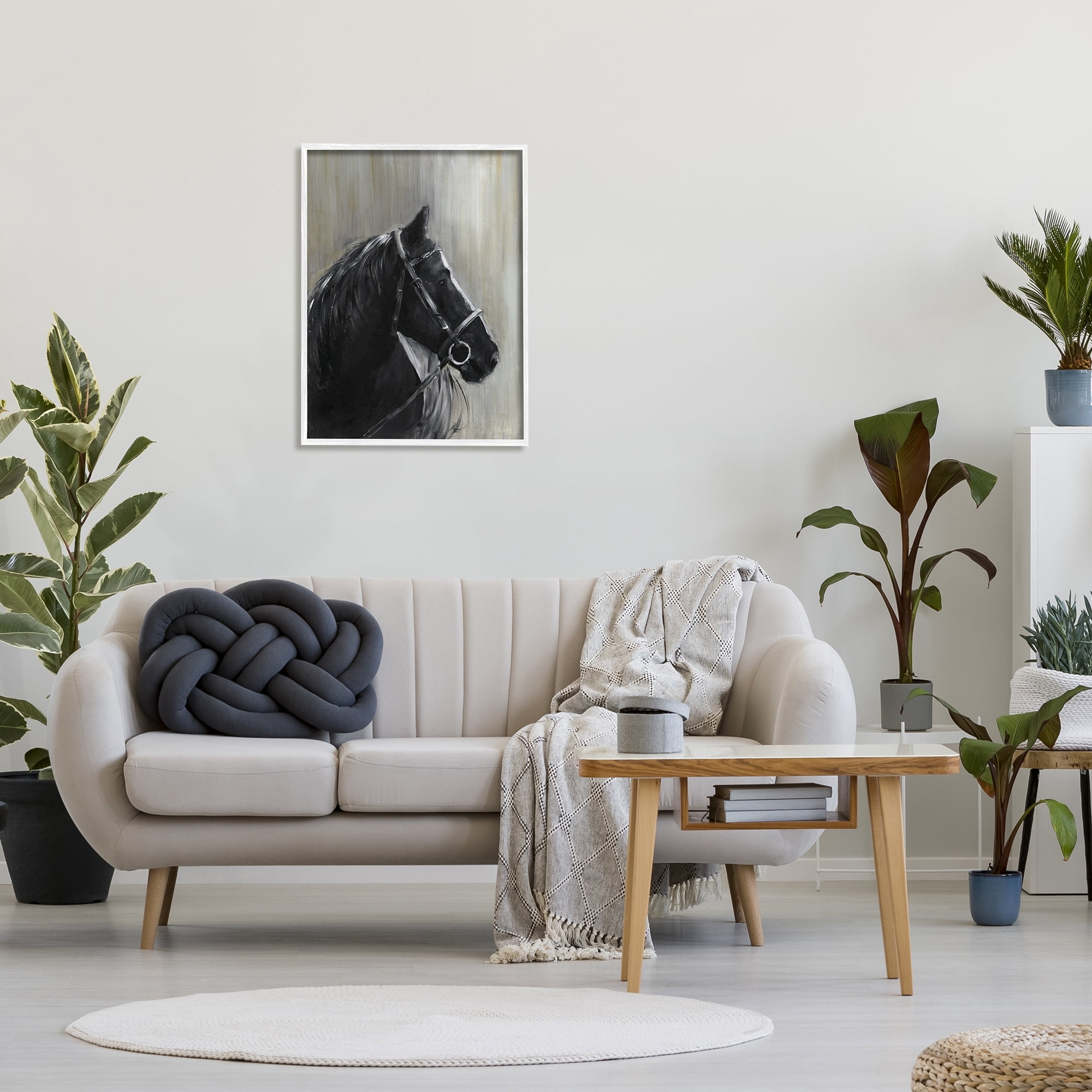 Stupell Industries Black Horse in Bridle Solemn Equestrian Portrait Animals & Insects Painting White Framed Art Print Wall Art, 24 x 30