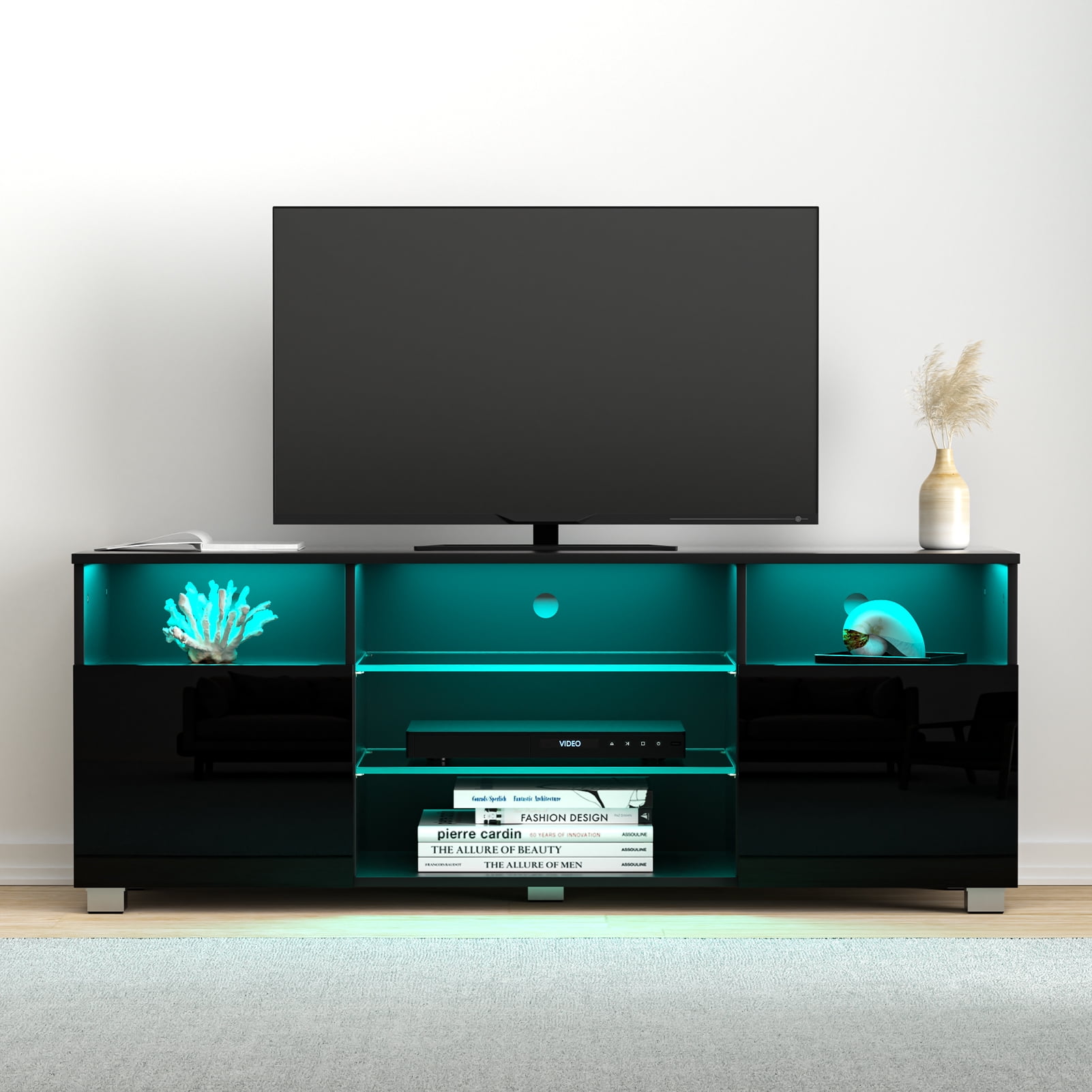 ChVans LED TV Stand for 55 inch TV, High Glass Modern Entertainment Center with LED Lights and Glossy Cabinets