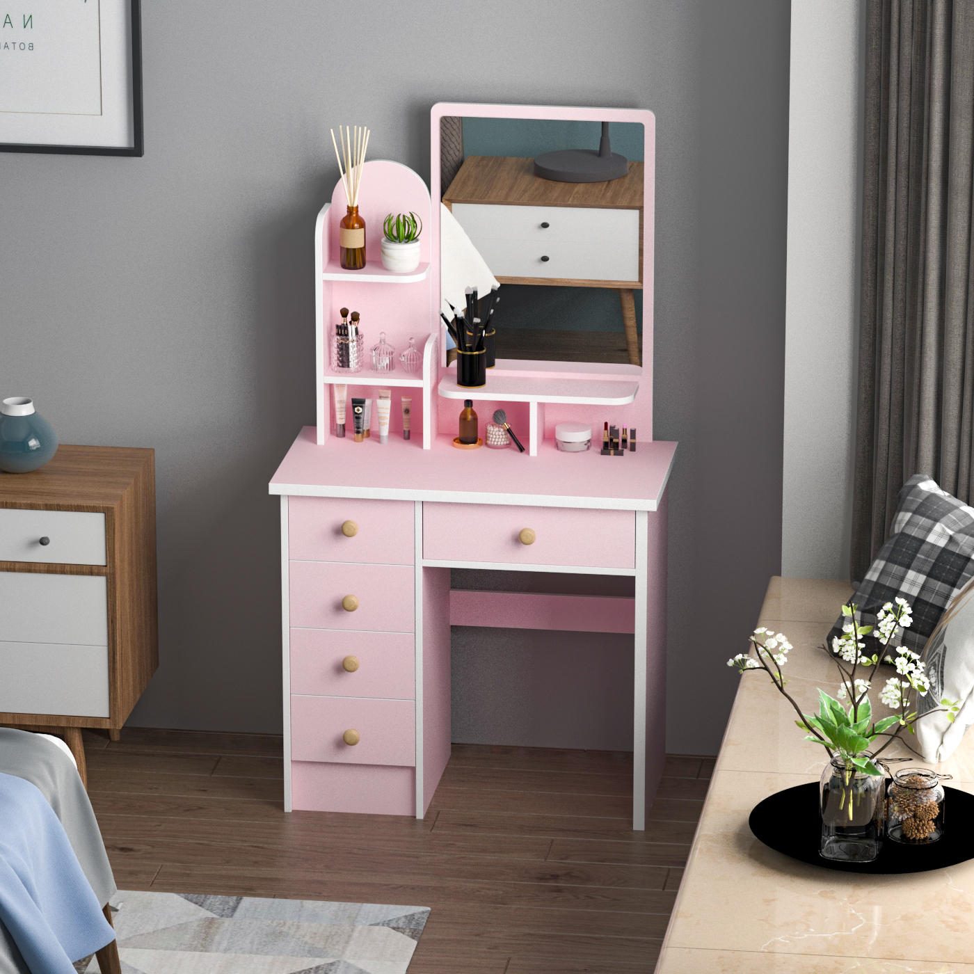 AGOTENI Vanity Table with Mirror, Makeup Vanity Dressing Table with 5 