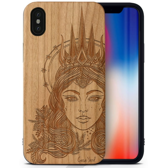 Case Yard Wooden Case Outside Soft TPU Silicone, Slim Fit Shockproof Wood Protective Phone Cover for Girls Boys Men and Women, Supports Wireless Charging Northern Queen Design case for iPhone-X