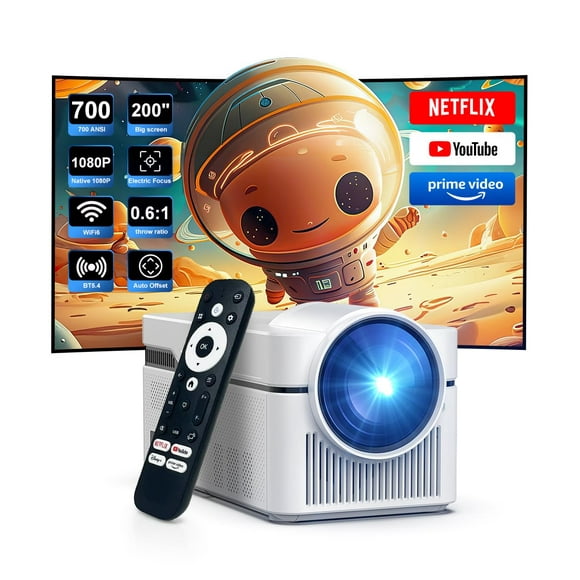 Ultra Short Throw Projector, 8K Support Smart Projector Electric Focus with Bluetooth and WiFi 6, 200" Screen Portable Projector, 2 x 8W Stereo Speakers for Home Theater