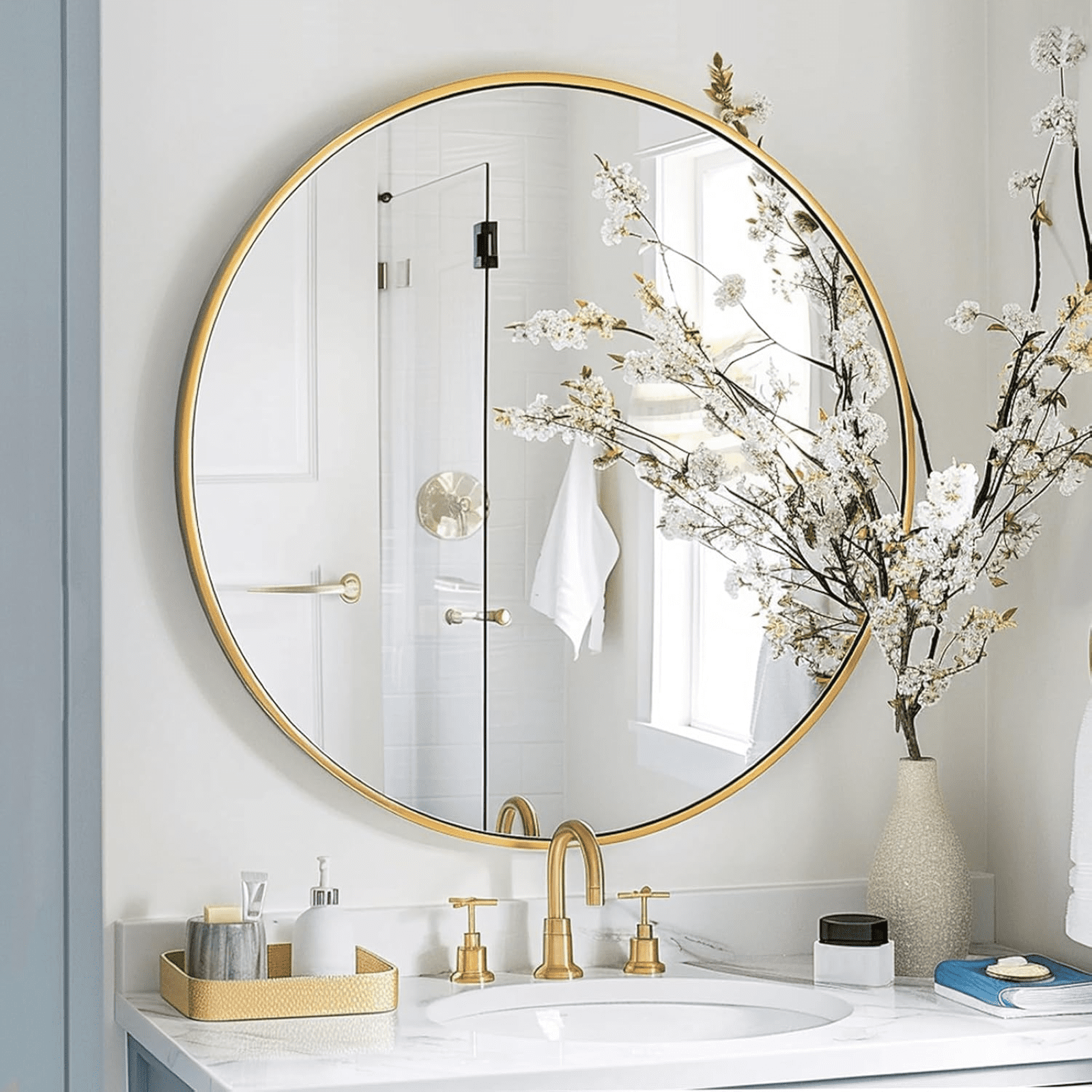 AUROMIR 30" Round Wall Mirror Bathroom Vanity Mirror Aluminum Alloy Frame,Glod