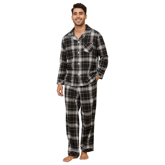 Vulcanodon Men's 100% Cotton Flannel Pajama Sets, Soft Plaid PJS Long Sleeve Sleepwear 2 Piece Button Down Lounge Set(Black- Yellow Plaid,Large)