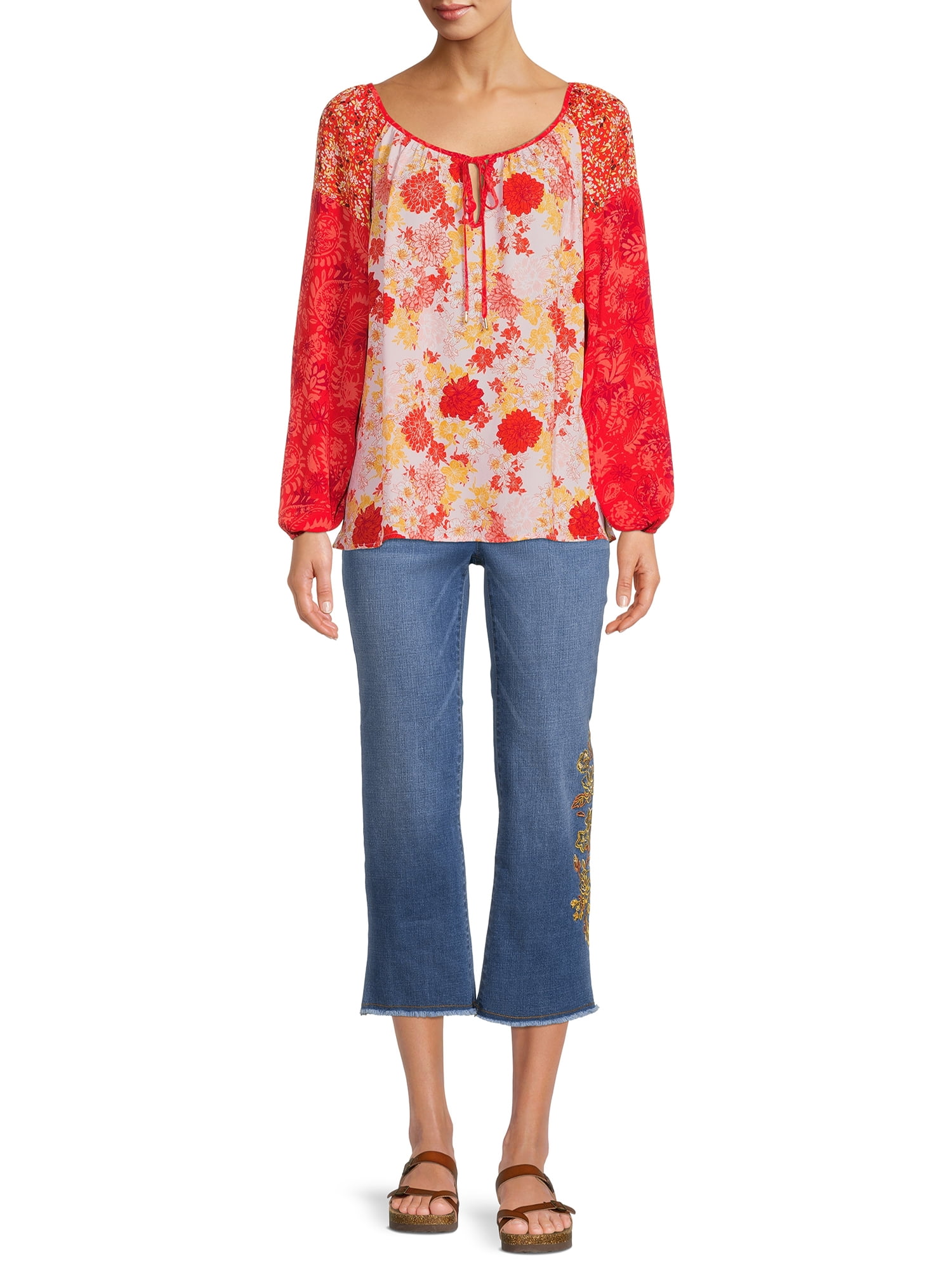 The Pioneer Woman Pull-On Embroidered Cropped Jeans, Women's