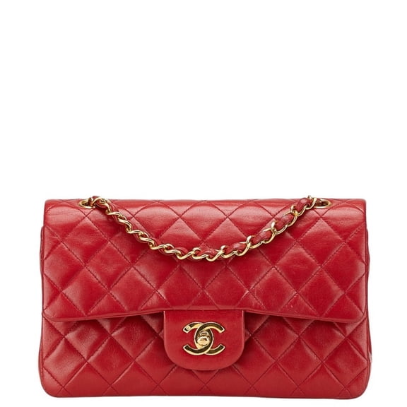Pre-Owned CHANEL Matelasse 23 Double Flap Coco Mark Chain Shoulder Bag in Red Lambskin for Women
