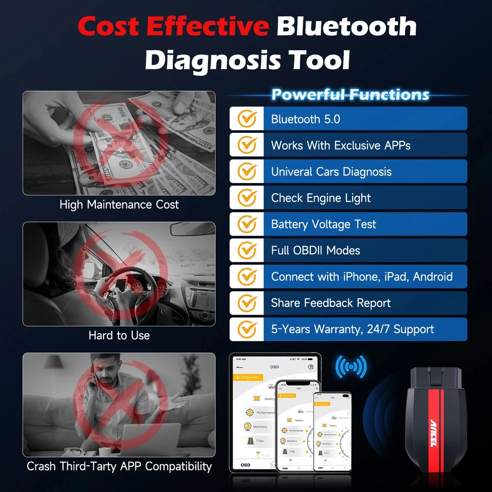 ANCEL BD200 OBD2 Scanner Bluetooth Wireless Automotive Diagnostic Tool with Battery Test Performance Test Car Code Reader OBDII Vehicle Adapter Check Engine OBD2 Scanner for iPhone iPad Android