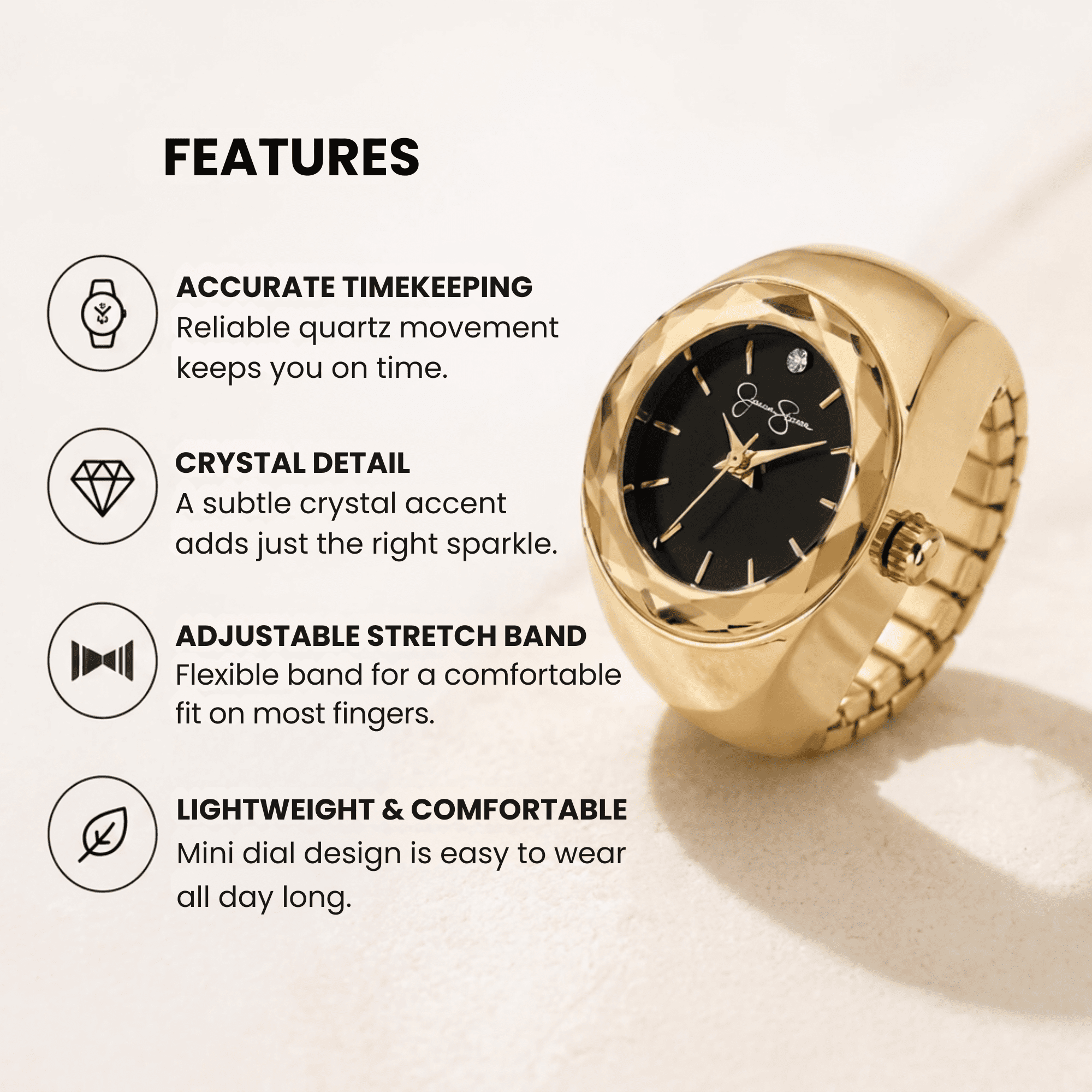 Gold Ring Watch for Women – Adjustable Stretch Band Finger Watch with Crystal Dial, Mini Analog Quartz Watch Ring, Fashion Jewelry Timepiece