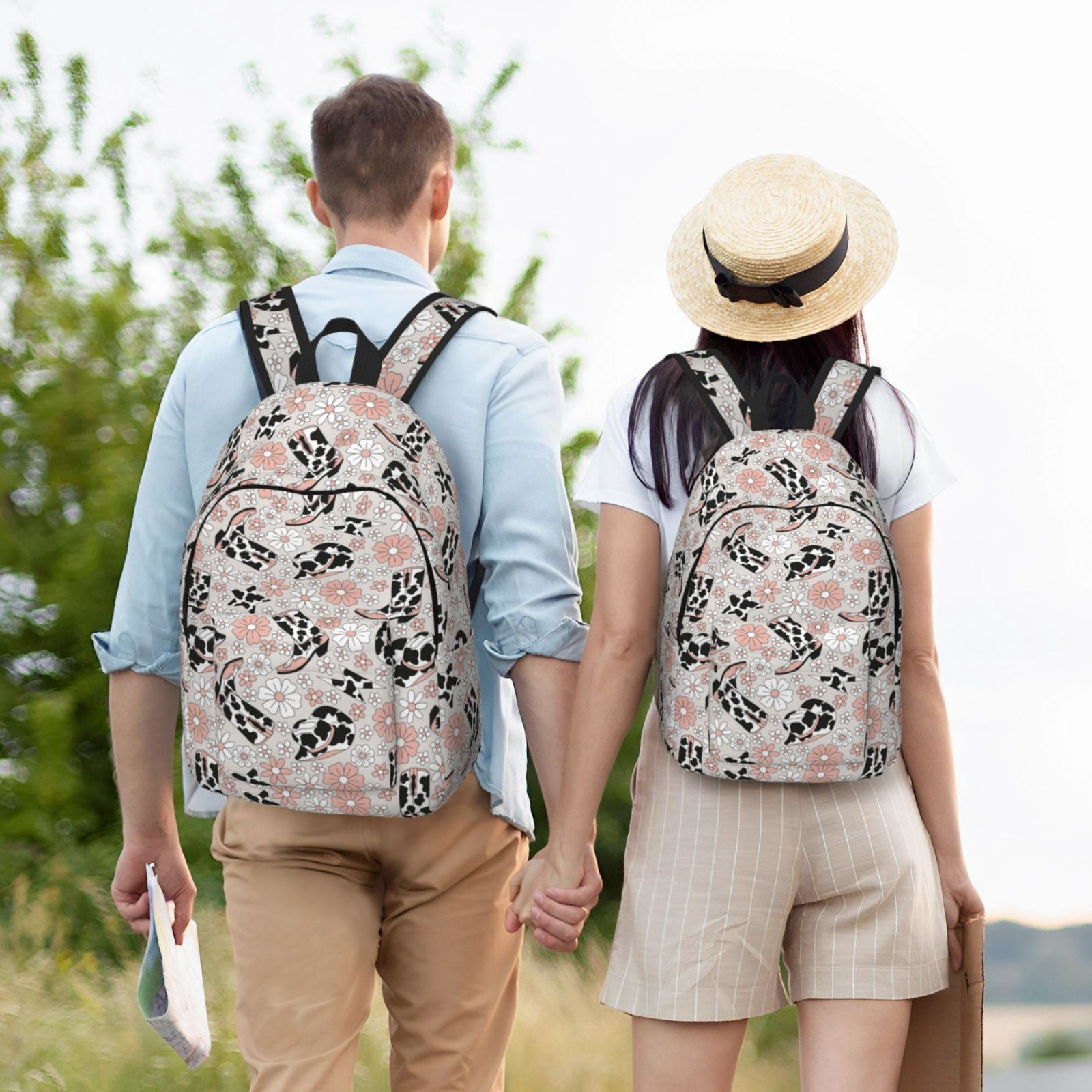 Travel Laptop Backpack - Cow Print Cowboy Hat Boots Flower Lightweight Canvas Backpack, Wear Resistant Computer Backpack Bag Fit {sizeName} Laptop for Men Women with Adjustable Padded Shoulder Straps
