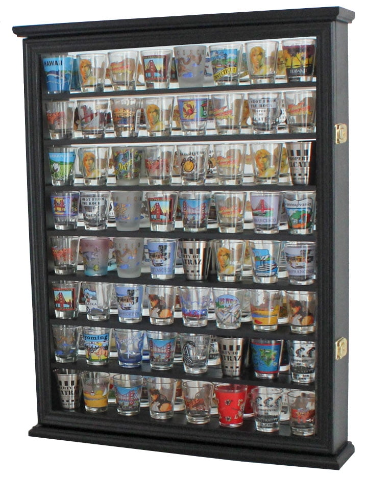Small Hanging Cabinet Rack for 28 Shot Glasses Shot Glass Display Case Holder for Wall No Door, Black