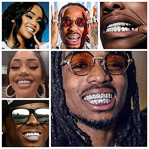Iced Out Diamond Teeth Grillz for Men Women,Hip Hop Silver Gold Grills for your teeth Top and Bottom,Rapper Costume Mouth Grillz with Silicone Molding Bars