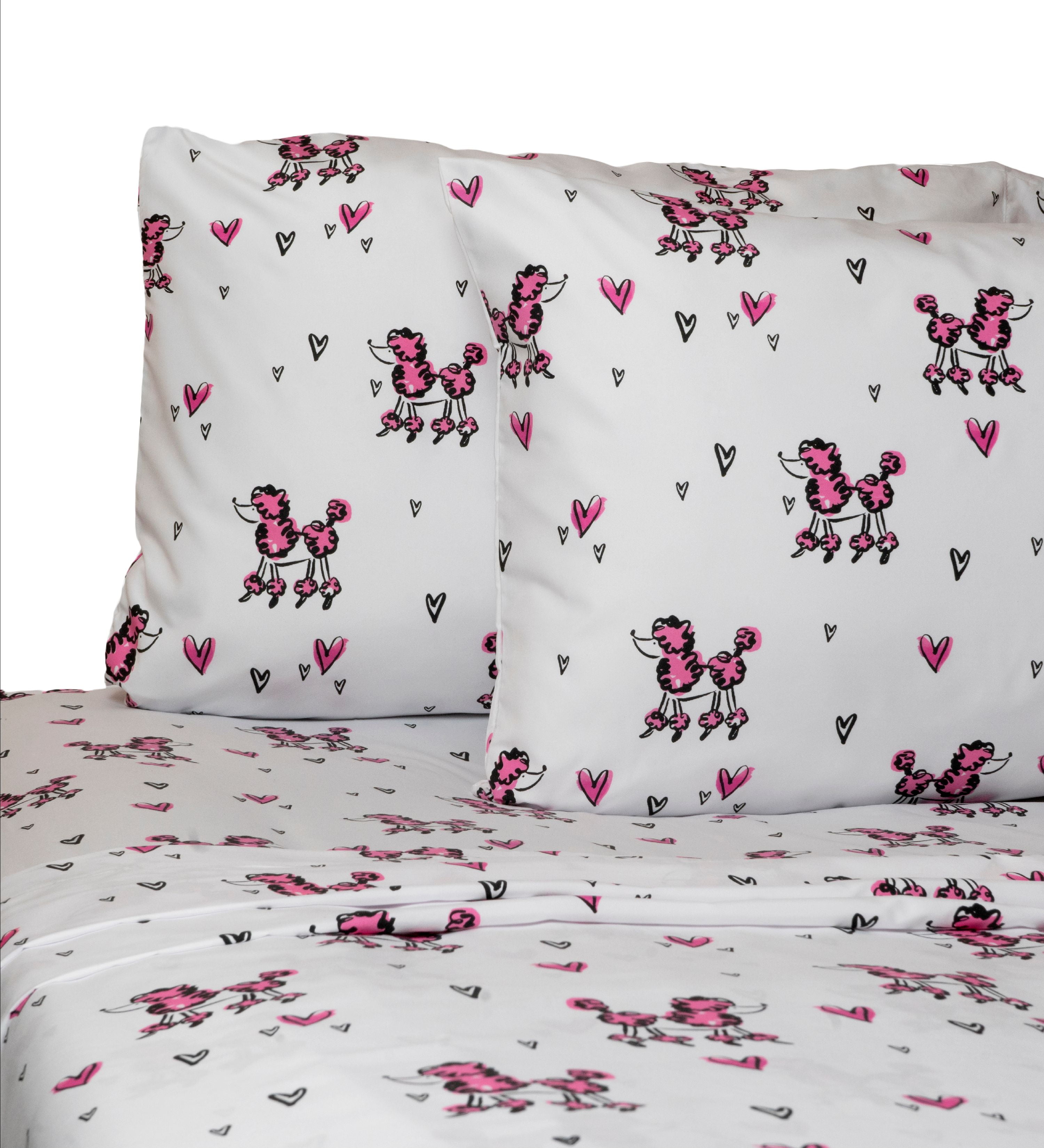 Kidz Mix Paris Poodle Hearts White & Pink Kids Bed Sheet Set, Full