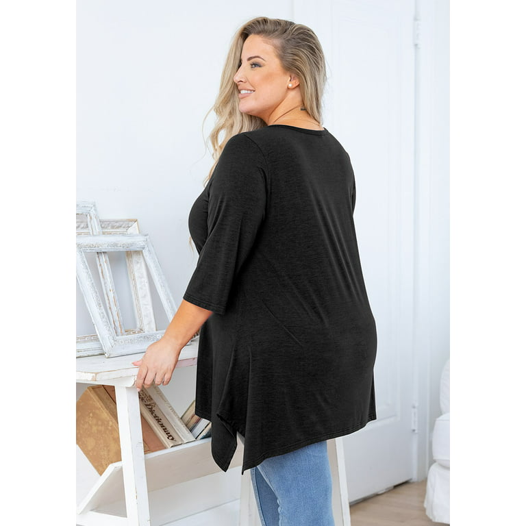 SHOWMALL Plus Size Tops Women Tunic 3/4 Sleeve Clothes Black 3X Swing Tunic Clothing Split Crewneck Flowy Shirt for Leggings - Walmart.com