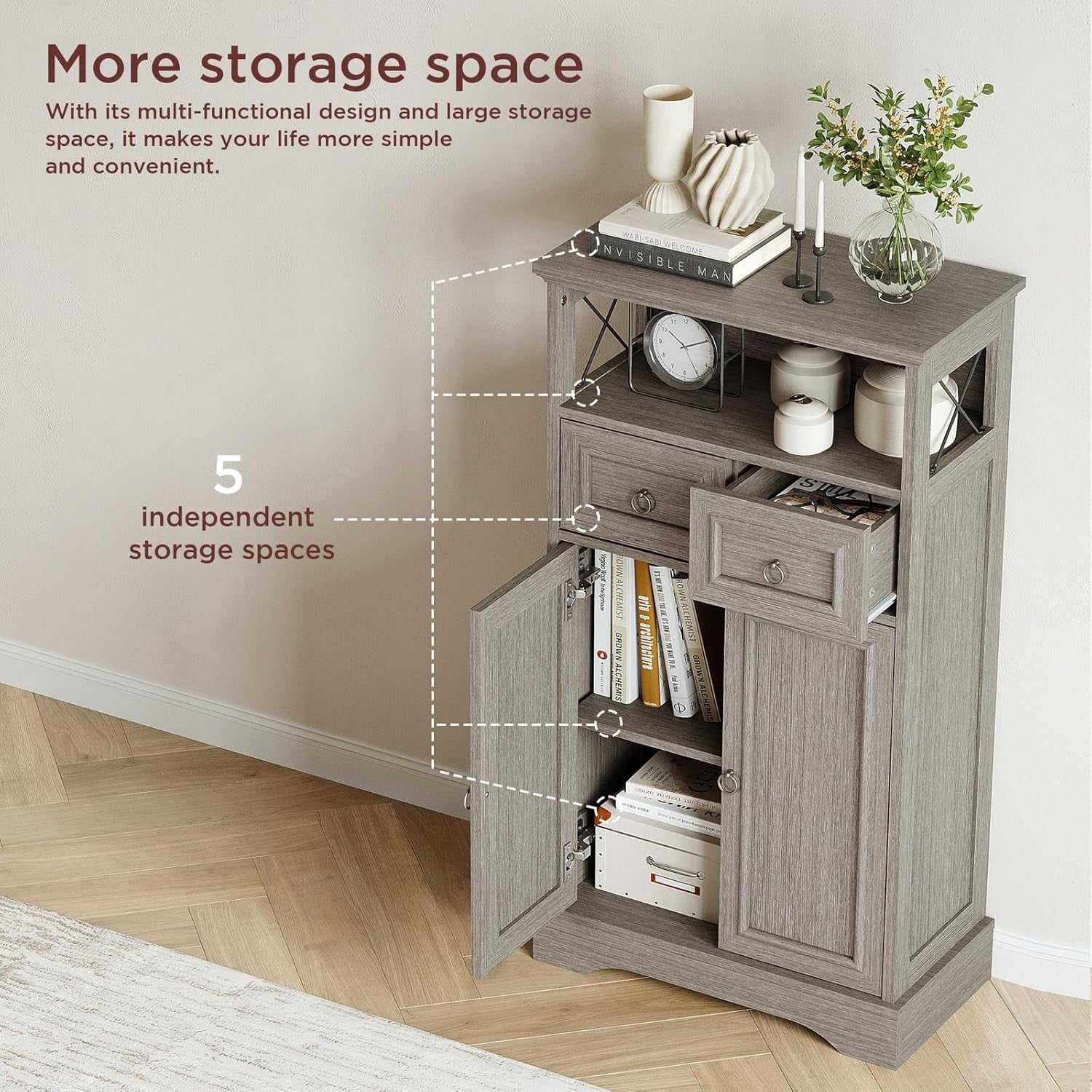 Vabches 42.72"H Kitchen Pantry Storage Cabinet with 2 Drawers & 2 Doors, Vintage Floor Cabinet with Adjustable Shelves and Open Shelves for Kitchen,Living Room,Home Office