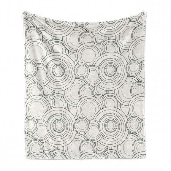 Abstract Soft Flannel Fleece Blanket, Geometric Interlocking Circles Oval Shaped Round Ellipses Minimalist, Cozy Plush for Indoor and Outdoor Use, 70" x 90", Off White Charcoal Grey, by Ambesonne