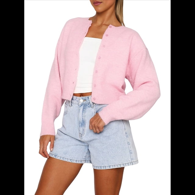 Suéteres Tipo Cárdigan Corto para Mujer, Suéteres de Larga con Botones, Cárdigan de Punto, Top Corto Y2K con Abertura Frontal. Rosa M