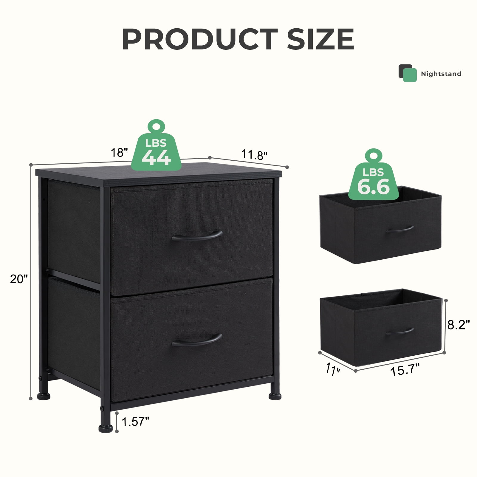 JOINSUN Nightstand Dressers with 2 Fabric Drawers, Small Chest Organizer with Fabric Bins for Bedroom, Black, Set of 2