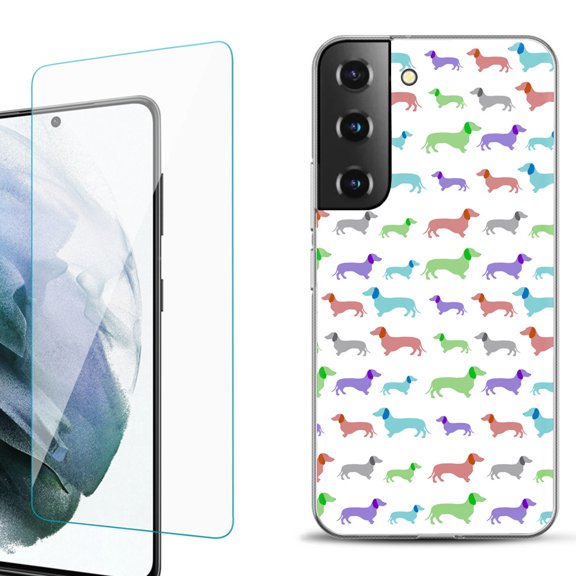 Slim-Fit Fashion Gel Phone Case for Samsung Galaxy S22  5G / S22 Plus 5G, with Tempered Glass Screen Protector, by OneToughShield ® - Colorful Dachshund/Puppy