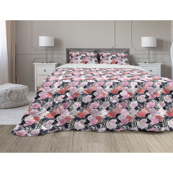 Floral Comforter & Sham Bedding Set, Modern Design Rose Bouquets on Quirky Geometric Background Illustration, 3 pcs Duvet Set Microfiber Filling Quilt, 5 Sizes, Pale Pink Coral Grey, by Ambesonne