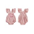 thumbnail image 2 of Toddler Baby Girl First Birthday Romper 6 12 18 24 Months 2T 3T Letter Bow Embroidery Ruffled Flying Sleeve Infant Jumpsuit for Summer, 2 of 9