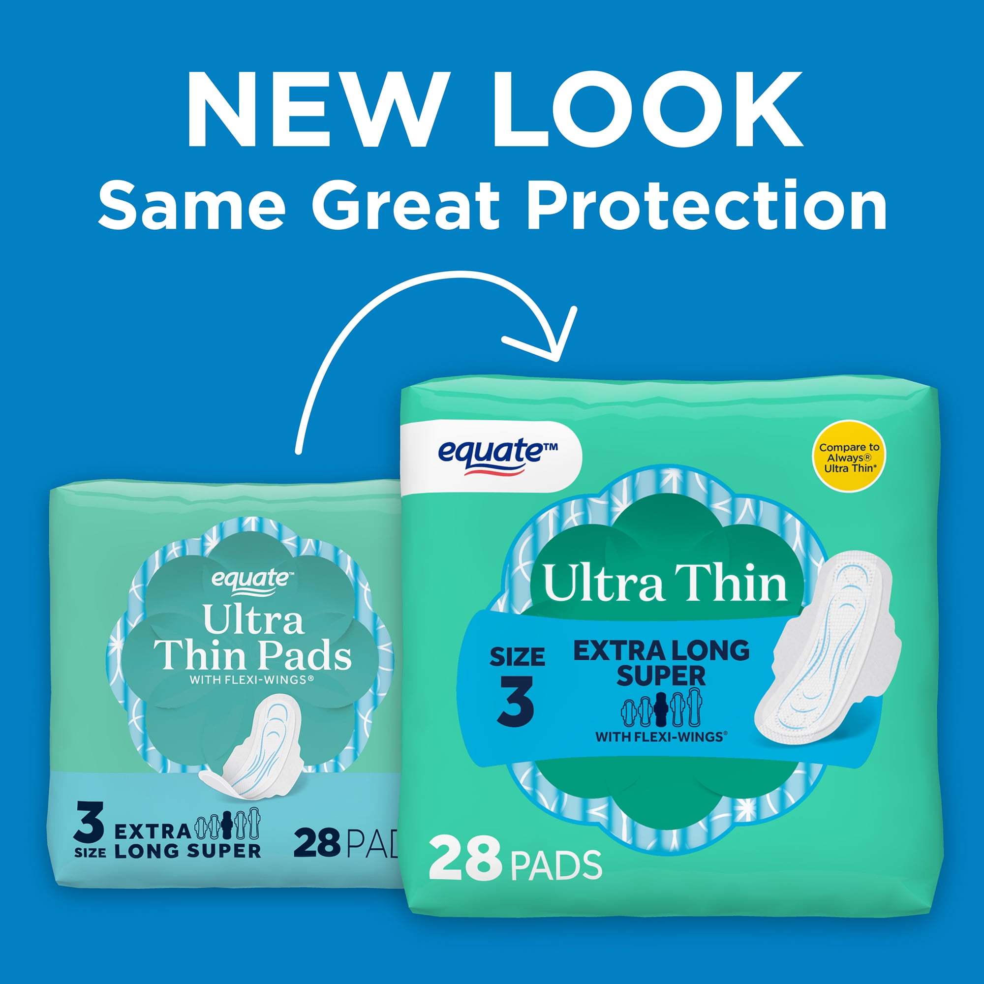 Equate Ultra Thin Pads with Flexi-Wings, Extra Long Super Absorbency, Size 3, 28 Count